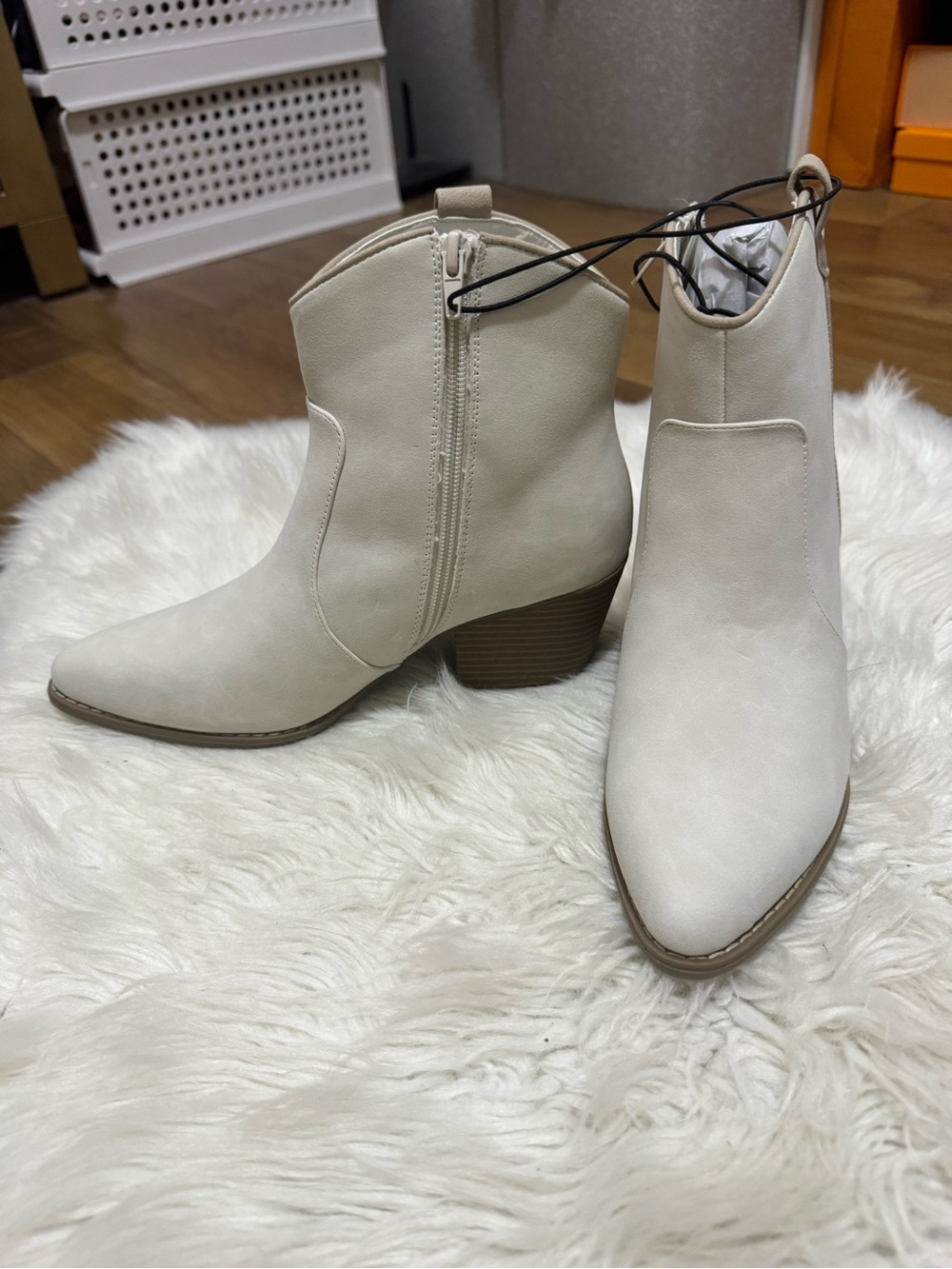a.n.a Cream Ankle Booties with Side Zip and Block Heel
